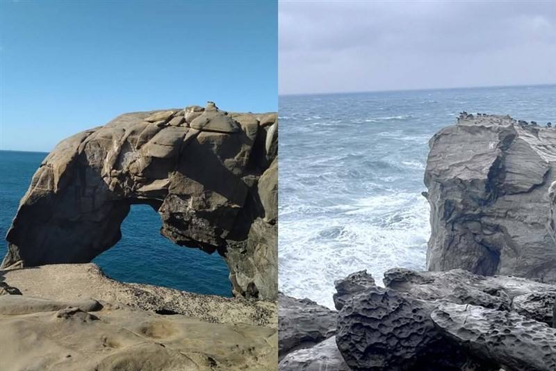 The Elephant Trunk Rock in Taiwan's northeast coast. The photos show the rock formation's appearance before (left) and after (right) its collapse on Saturday. Photo courtesy of the New Taipei City government