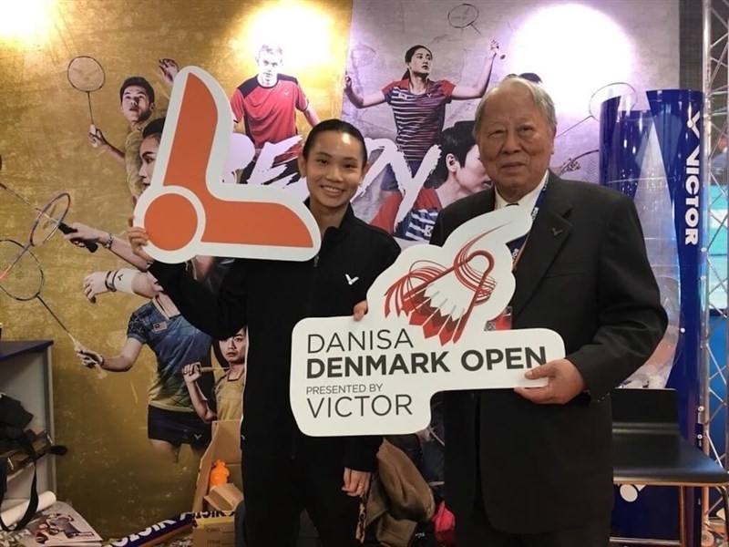 Taiwanese badminton player Tai Tzu-ying (left) is pictured with sports brand Victor founder Chen Den-li when promoting the Denmark Open in 2017. Photo courtesy of Tai Nan-kai (戴楠凱) Jan. 8, 2024