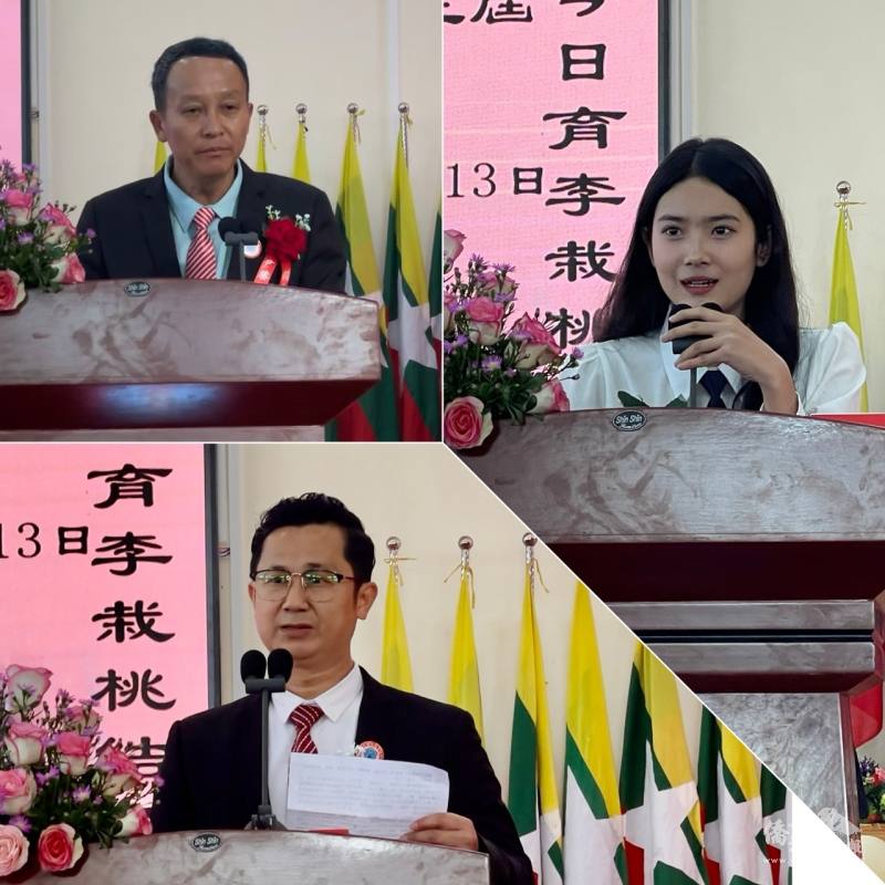 尹勝邦致詞(左上)、師長代表彭安靖致詞(左下）、畢業生趙琳代表致詞（右）