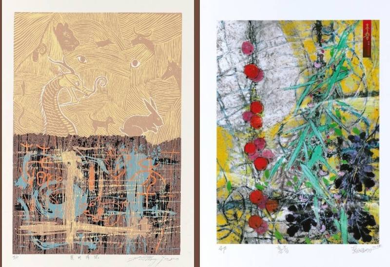 國美館龍年版印年畫特展委託創作，左為潘孟堯〈龍的傳說〉，右為李振明〈喜春〉(國美館提供)
