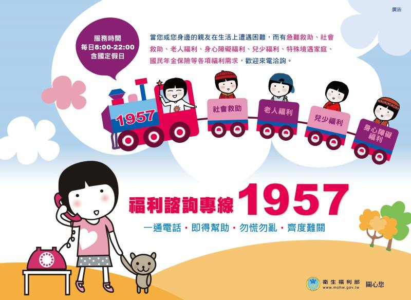 全年無休1957福利諮詢專線春節不打烊(衛福部提供)