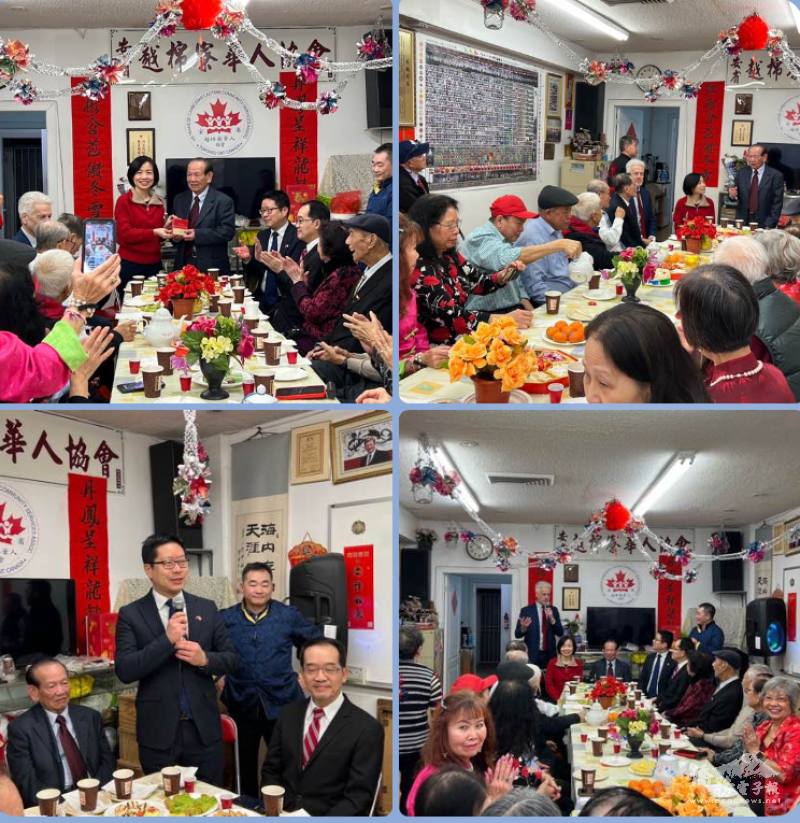 陳錦玲至安省越棉寮華人協會拜年，巧遇安省省議員Chris Glover(站立者)亦到該會拜年(右下圖)；藍柏青代表僑務委員會委員長徐佳青向僑社拜年(左下圖)