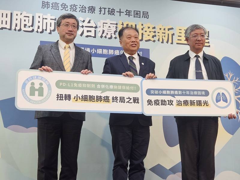 衛福部健保署副署長龐一鳴（中）、台灣臨床腫瘤醫學會理事長賴俊良（右）、台灣肺癌學會理事長楊政達（左）20日出席記者會指出，小細胞肺癌惡性大且易復發，現在免疫療法合併化療納入健保給付，成為續命希望。