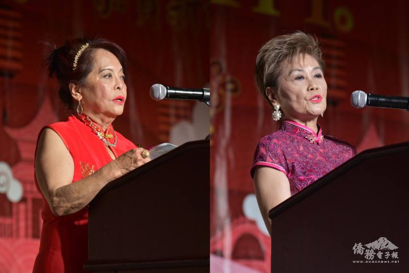 項邦珍 (左)致詞UNITY新年晚會成立已經40年，感謝歷屆總幹事及義工們的努力，陳莎莎 (右)致詞恭喜大家發財、新年快樂!