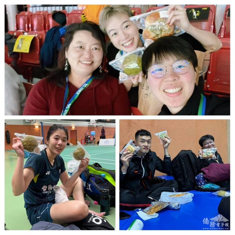 臺灣羽球選手們欣喜，與僑團熱情送上的麵包合影