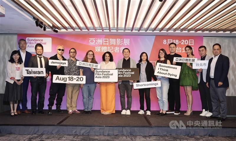 Filmmakers taking part in the 2023 edition of the Sundance Film Festival Asia pose for a photo at a press event on Aug. 17, 2023, before the three-day event began the following day.