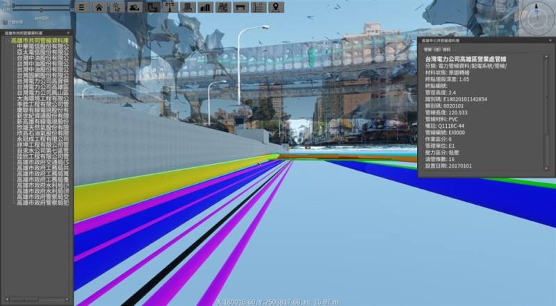 2024高雄智慧城市展21至23日在高雄展覽館舉行，市府工務局將展示「韌性城市工務管理暨決策輔助平台」（第1期），首次導入5D平台、數位孿生、大數據與AIoT等技術。圖為高雄市地下管線與民族路共同管道模型。（高雄市政府工務局提供）