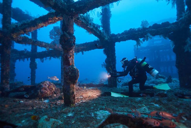 熱愛海洋的影視製作人李景白潛水經驗豐富，懷抱著「做別人沒做過的事情」初心製作節目，最新作品「沉睡的水下巨人」為耗時2年多、跳了600次海，以8K高畫質拍攝潛水紀錄節目，透過海底沉船看見台灣海域水下現況。圖為綠島鋼鐵礁海域。（公視「沉睡的水下巨人」提供）