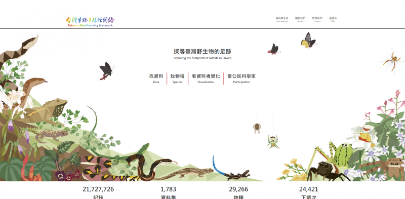 臺灣生物多樣性網絡TBN的首頁提示了平台主要功能與資料現況。農業部生物多樣性研究所提供。
