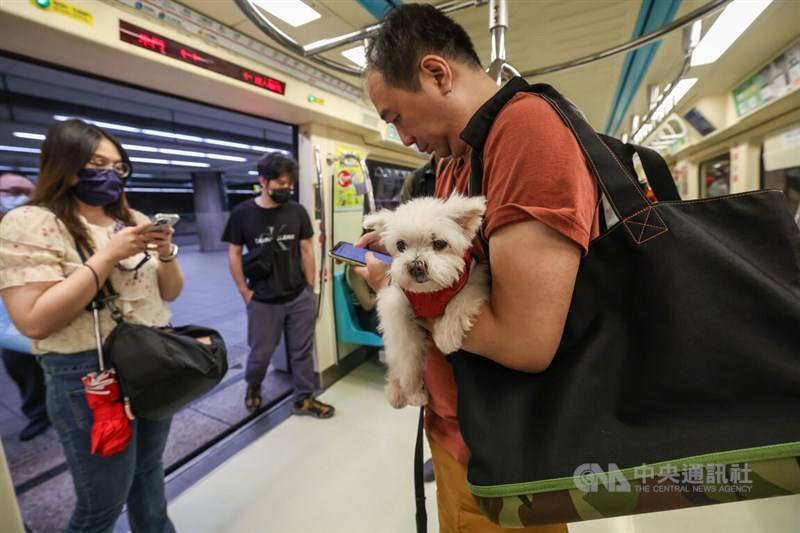 A pet owner carries his dog as the doors of their car open to welcome passengers during a special pet friendly service on the Taipei Metro on Sunday. CNA photo March 31, 2024