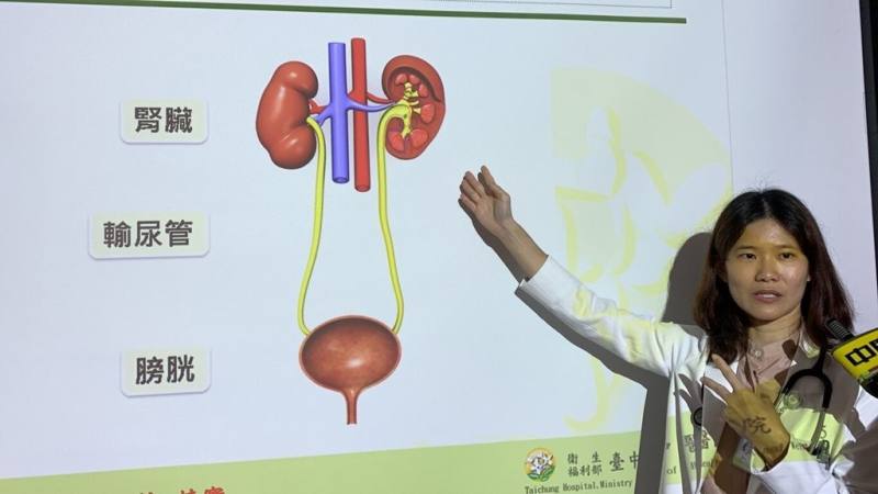 台中1名1歲半男童出生半年內兩度泌尿道感染就醫，台中醫院小兒科醫師徐敏哲（圖）在記者會說明個案兩邊腎臟大小不一，發現是先天輸尿管異常尿液逆流導致一邊腎臟發炎長不大。（台中醫院提供）