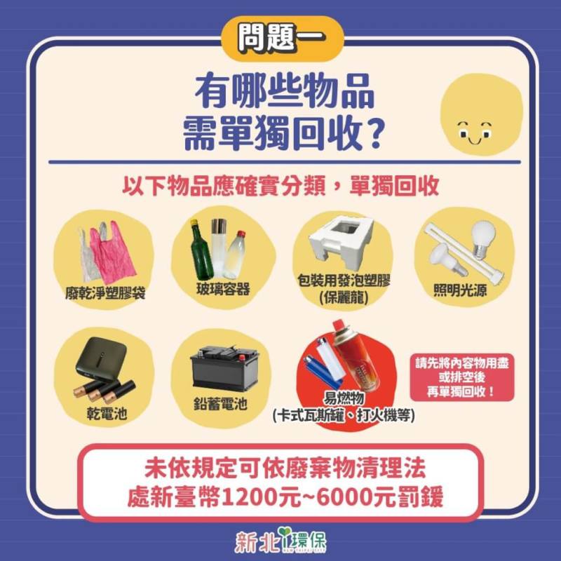 新北市新規定7大類資源回收物應單獨回收，否則將開罰6000元。（圖取自facebook.com/ntpclowcarbon）
