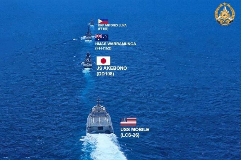 美國、日本、澳洲與菲律賓7日首度在南海舉行聯合演習。圖為菲律賓海軍提供。（圖取自facebook.com/armedforcesofthephilippines）