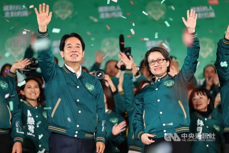President-elect Lai Ching-te (center left) and Vice President-elect Hsiao Bi-khim (center right) wave to supporters and celebrate their victory in the presidential elections