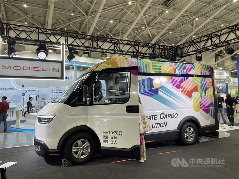 An electric delivery van is displayed by Hon Hai Precision Industry Co. at an autotronics show in Taipei Wednesday.