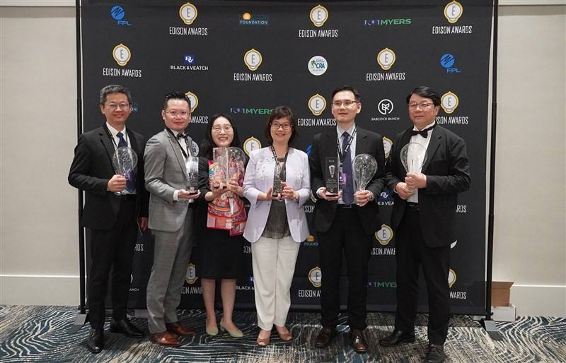Researchers from Taiwan's Industrial Technology Research Institute pose for a photo with their 2024 Edison Awards trophies in this photo released Tuesday. Photo courtesy of Industrial Technology Research Institute April 23, 2024