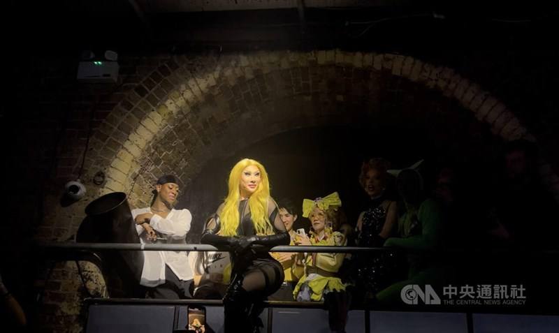 Taiwanese drag queen Nymphia Wind (second left) is pictured with her audience during a performance in London on May 5, 2024. Photo: CNA