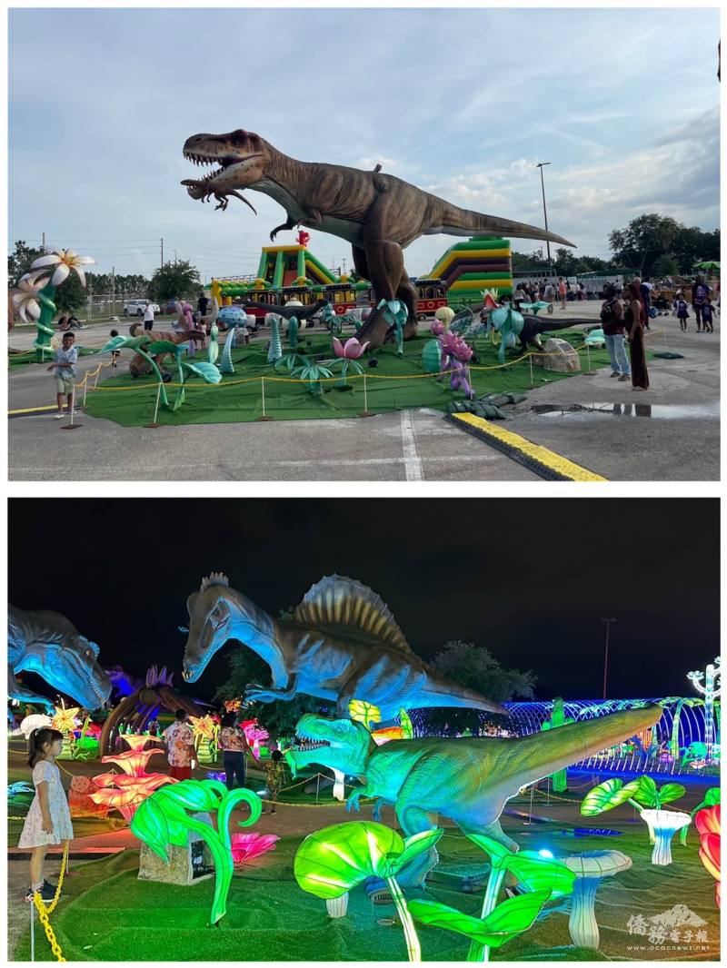 上圖:沈浸式恐龍體驗，將恐龍栩栩如生展現
下圖:日落後燈光投射，宛如置身白堊紀時期