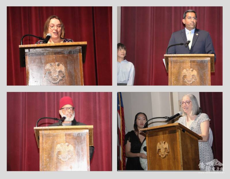 貴賓致詞; 左上-Lindsey Williams, 右上-Arvind Venkat(右)  鄭羽珊(左), 左下：Melvin El 、右下： Michelle King（右）、彭念慈(左)