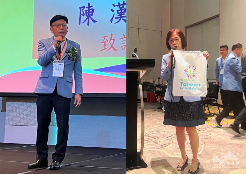 總會長陳漢川(左)致詞並主持下午商機媒合活動；輔導總會長郭修敏(右)贊助Taiwan Can Help提袋支持臺灣參與WHA及國際組織