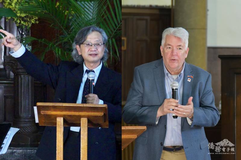 王福堂（左）歡迎大家觀賞這場由多元文化組成，慶祝亞裔傳統月的音樂演出，Larry Forssberg（右）很榮幸高興慶祝亞裔傳統月的演出