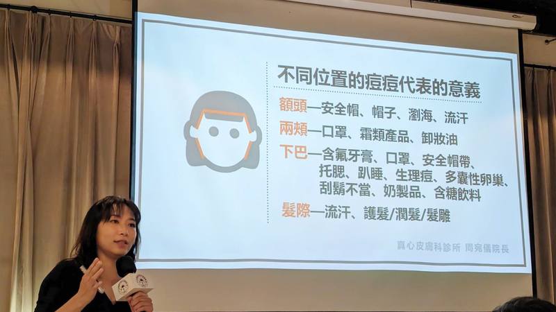 開業皮膚科醫師周宛儀在衛教記者會上說明，不同位置長痘原因不同，其中成年人最常見的，就是化妝品或口罩造成