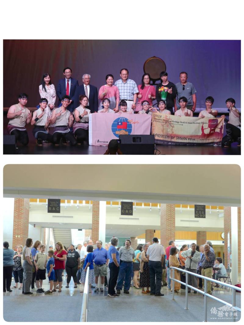 (上)舞台現場嘉賓合影,(下)演出前觀眾排隊進場