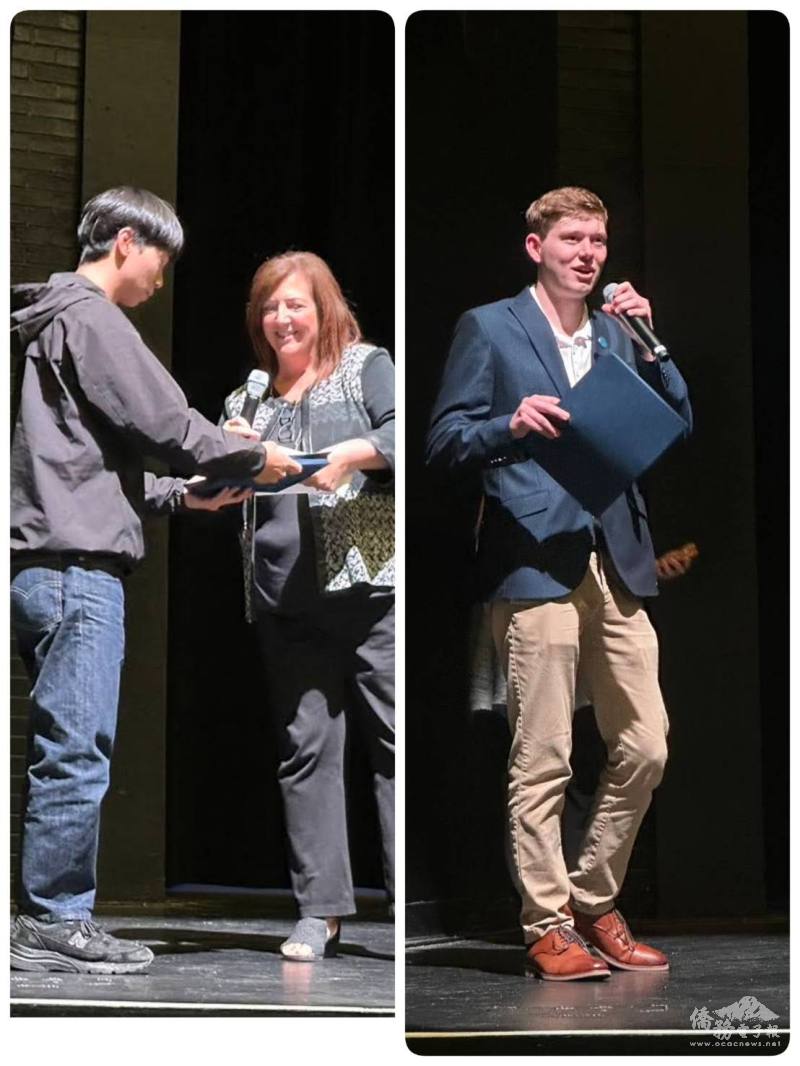 (左)Carmel市長Sue Finkam頒發感謝狀,(右)州務卿代表Jacob Buehrer致贈賀狀