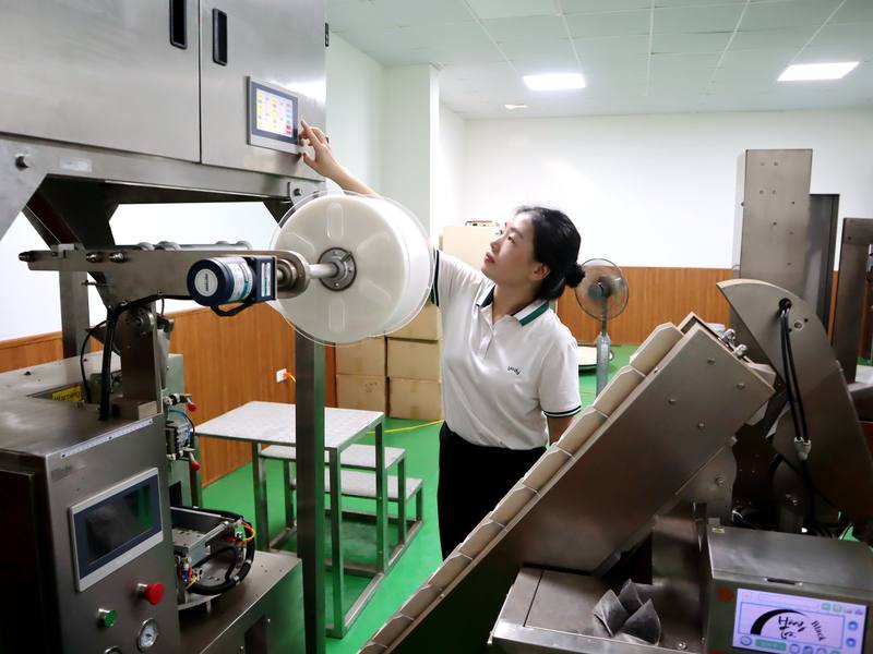 隨著越南經濟發展，辦公室白領崛起，台商許龍寶以茶包切入內需市場，購買了一台包裝機並訓練人員操作。