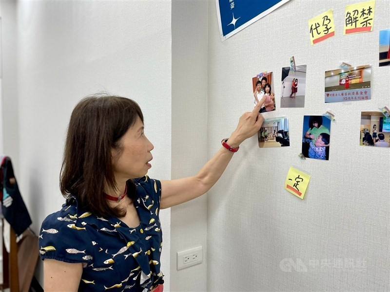 Legislator Chen Gau-tzu points at the photos in her office. CNA photo June 15, 2024