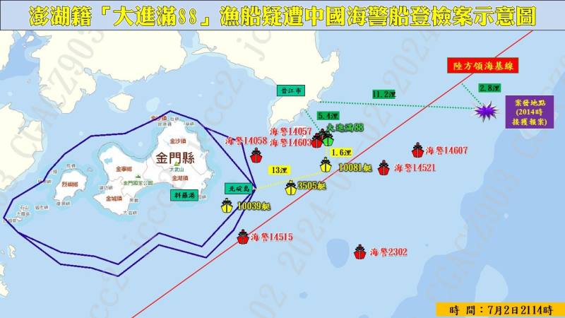 大進滿88號被中國海警船登檢、帶回示意圖。(海巡署提供)