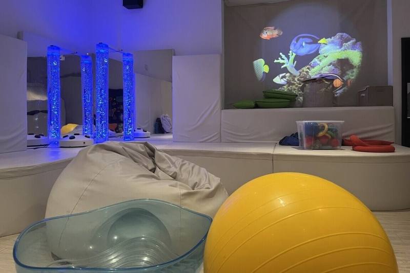 國立成功大學職能治療系2023年8月接手經營台南市社會局多感官輔療教室「白屋」，由專業職能治療師提供輔療服務。教室以柔和白色系為主，配備投影、泡泡管、聲光牆、光纖瀑布及聲振搖椅等多樣化感官設施。（成功大學提供）