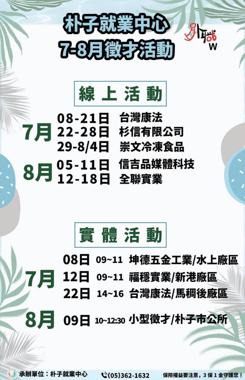 勞動部朴子就業中心7月至8月要連續辦理9場次實體與線上徵才活動，歡迎社會新鮮人踴躍應徵。（朴子就業中心提供）