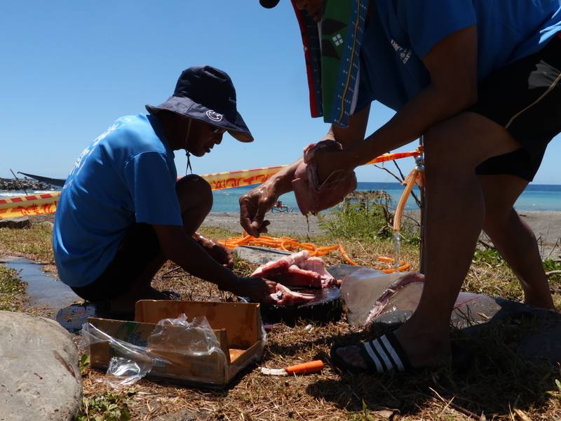屏東縣牡丹鄉旭海村6日舉行「macaran旭海．海祭」，海祭目的是感恩天地神靈、祈求平安豐收，並傳承祖先留下的漁撈技術與文化，感念前人留下海上謀生技能。圖為居民切分海祭中捕撈上岸的漁獲分食。