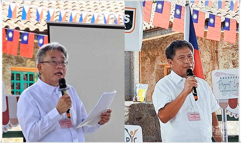 駐菲律賓代表處公使楊登仕（左）及馬尼拉經濟文化辦事處主任Tomas  Guno（右）致詞