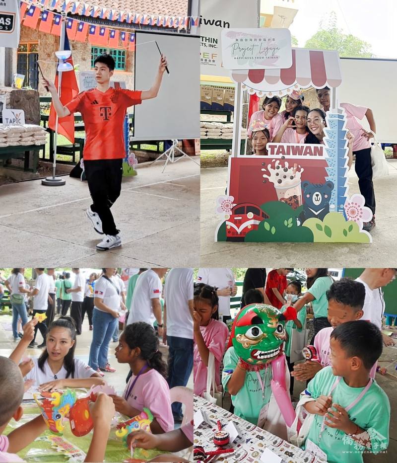 慈善活動安排花式扯鈴表演（上左）、有趣的照相打卡攤位（上右）、龍年紙燈籠製作教學（下左）及體驗臺灣童玩（下右）