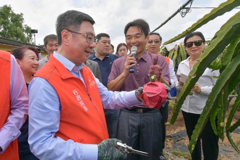 行政院長卓榮泰前往南投縣田寮里果菜運銷合作社視察紅龍果外銷供果園