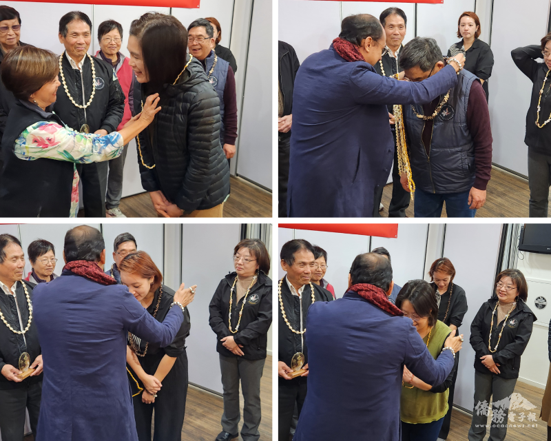 陳金玉會長與大溪地關帝廟住持鄒慶堅以大溪地習俗致贈貝殼環祝福大家