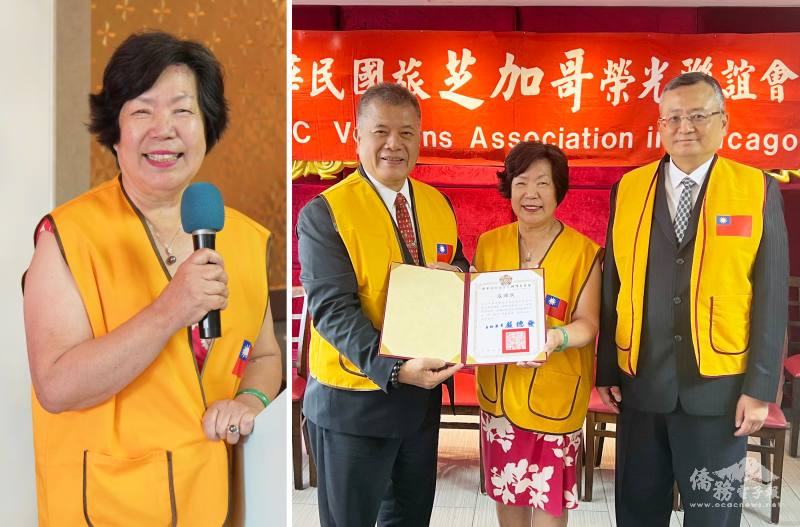 （左圖）榮光會會長廖美富歡迎長官的出席顯見政府對榮光會的重視，（右圖）國軍退除役官兵輔導委員會副主任委員吳志揚致贈輔導會感謝狀予廖美富