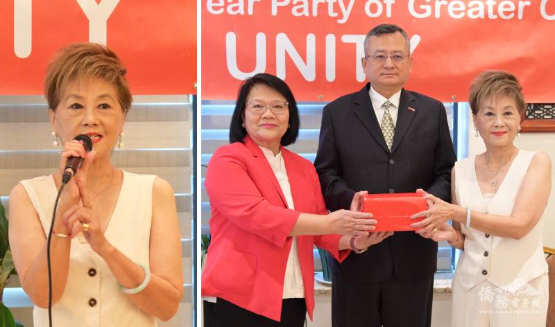 （左圖）UNITY舊任總幹事陳莎莎感謝每一位團隊成員的通力合作，（右圖）駐芝加哥辦事處處長類延峰監交印信給新任總幹事胡玲玲