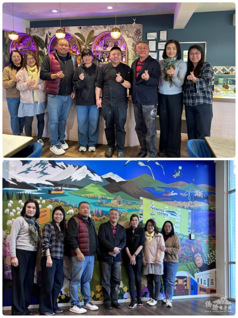 兩位大廚潘岱儒、徐健瑜和僑務組長邱亞芬一同拜訪臺僑兩家餐廳進行觀摩和交流