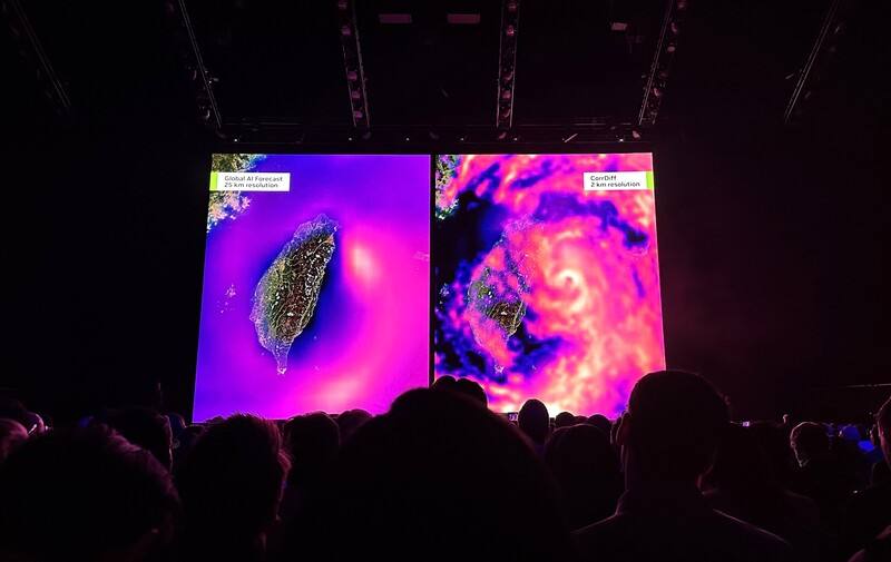 輝達宣布推出名為StormCast的全新模型，強化時效性，有助災害緊急應變。圖為輝達GTC大會展示AI技術幫助預測颱風，攝於3月18日