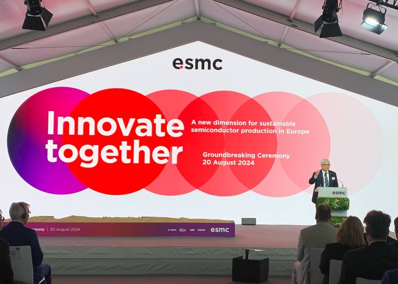 台積電今天在德國德勒斯登半導體晶圓廠舉行動土典禮，台積電董事長魏哲家在動土典禮中致詞