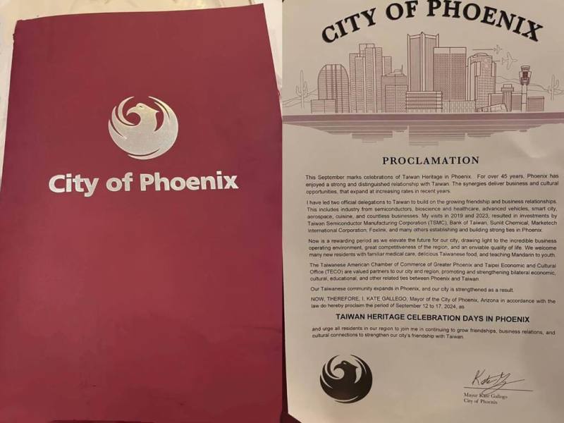 鳳凰城市長蓋雷哥（Kate Gallego）發表公開文件，將9月12日到17日訂為鳳凰城的台灣文化傳承週（Taiwanese Heritage Days）。（駐洛杉磯辦事處觀光組提供）