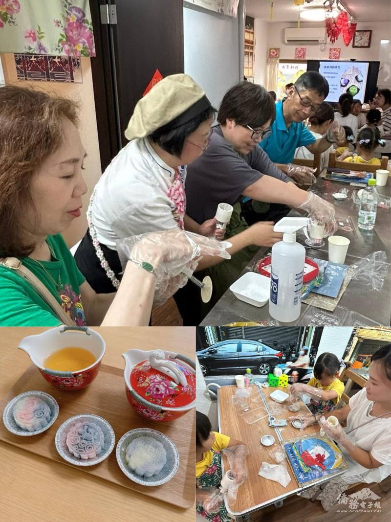 大人小孩認真跟著陳洳豔說明一起動手做月餅