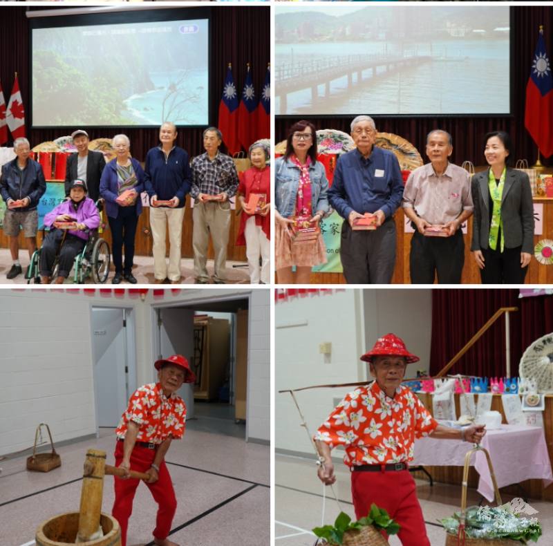 大會致贈禮物給80歲及90歲以上的長者；90歲的賴阿伯表演客家歌舞「挑番薯」，最吸睛和最受歡迎