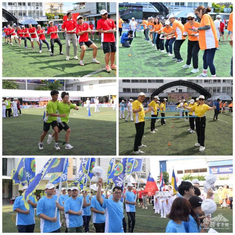 僑胞們分紅、橙、黃、綠、藍５隊分組競賽
