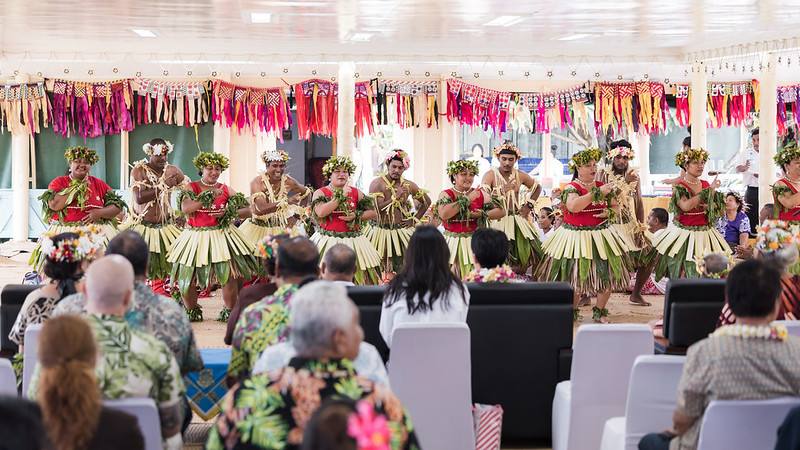President Lai receives a warm welcome with a performance of traditional Tuvaluan dance.