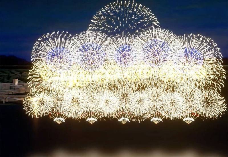 「閃耀新北1314跨河煙火」31日晚間將登場，煙火設計靈感來自新北山海相依的自然景觀與文化特色，將分4幕，其中第4幕為「多元共融 星空夜祈」，象徵新北多元文化融合與團結。圖為煙火施放模擬畫面。（新北市政府提供）