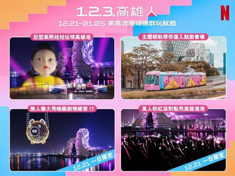 韓國影集「魷魚遊戲」將在台灣展開宣傳活動，高雄市21日將有一日限定無人機與萬人粉紅派對，以及為期16天的「巨型英熙娃娃」，還有粉紅車身的主題輕軌列車載著旅客前往活動現場。（Netflix提供）